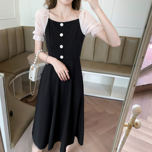 RM15239#小黑裙长裙方领气质小裙子甜美茶歇裙女法式复古黑色连衣裙