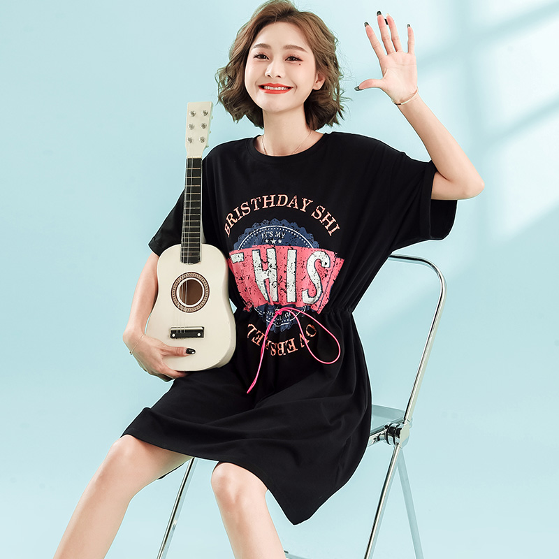 连衣裙实拍3色2021夏新款中长款印花字母宽松时尚T桖裙百搭女装