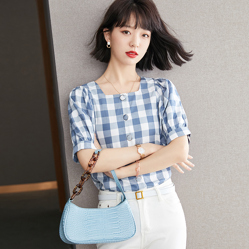 已出货 实拍格子短袖雪纺衫夏装2021新款上衣显瘦泡泡袖