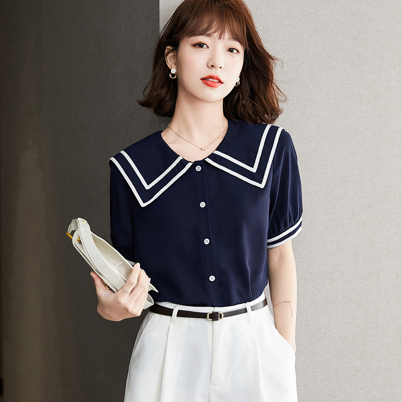 已出货 实拍#新款夏季韩版港风复古减龄海军风短袖上衣