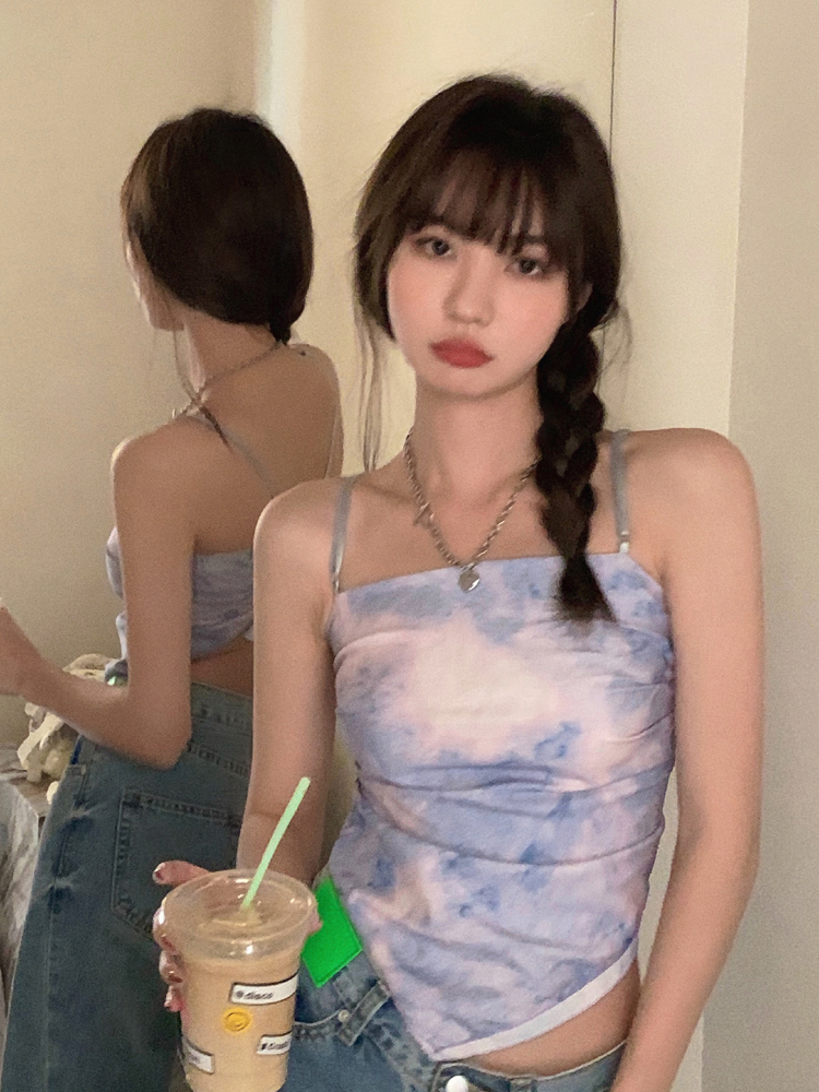 实拍 外穿夏季性感扎染背心绑带修身吊带内搭短款打底衫上衣少女