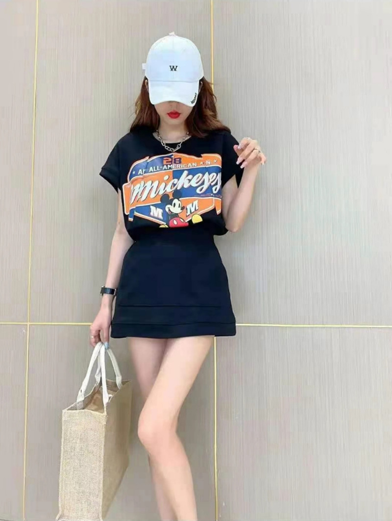 欧洲站时尚卫衣套装女夏宽松卡通印花T恤直筒短裙减龄黑色两件套