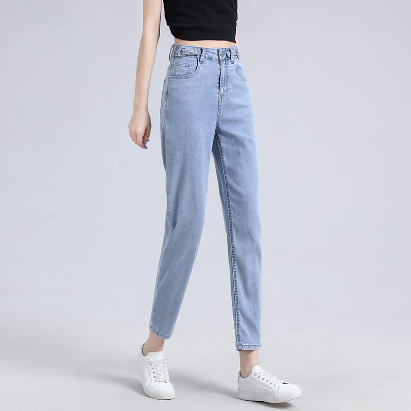 真天丝老爹裤高腰牛仔裤女2021薄款凉爽舒适垂感直筒宽松哈伦裤