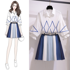 Two piece pure embroidered shirt with denim stitching skirt