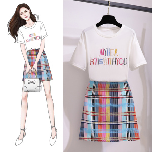 Letter embroidery T-shirt rainbow plaid skirt two piece set