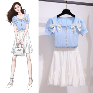Bow bubble sleeve T-shirt two piece cake skirt