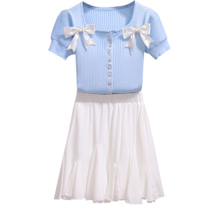 Bow bubble sleeve T-shirt two piece cake skirt