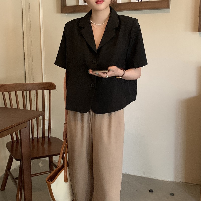 实拍 韩版简约设计纯色宽松薄款小个子短袖西装外套 三色 现货