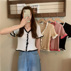 French V-neck knitted short sleeve cardigan women's new slim and versatile top in summer 2021