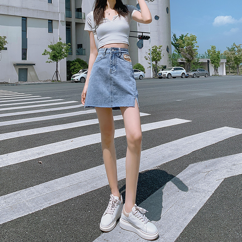 侧边开叉牛仔半身裙女2021夏高腰a字包臀裙百搭网红款牛仔短裙