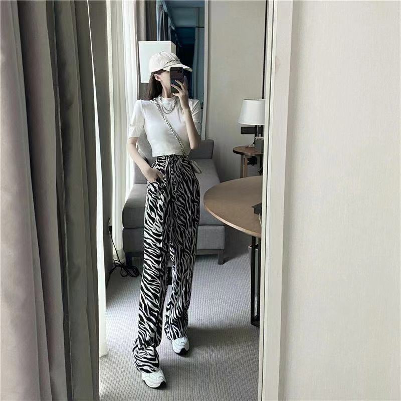 仿棉2021年春夏新款斑马纹阔腿裤小众高腰宽松休闲裤直筒裤子女装