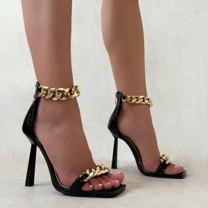 Square head high-heeled sandals stone chain high-heeled sandals 35-42