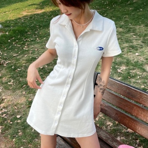 PS36254# 白色polo连衣裙女夏季领衫短裙纯欲风气质小裙子辣妹t恤裙