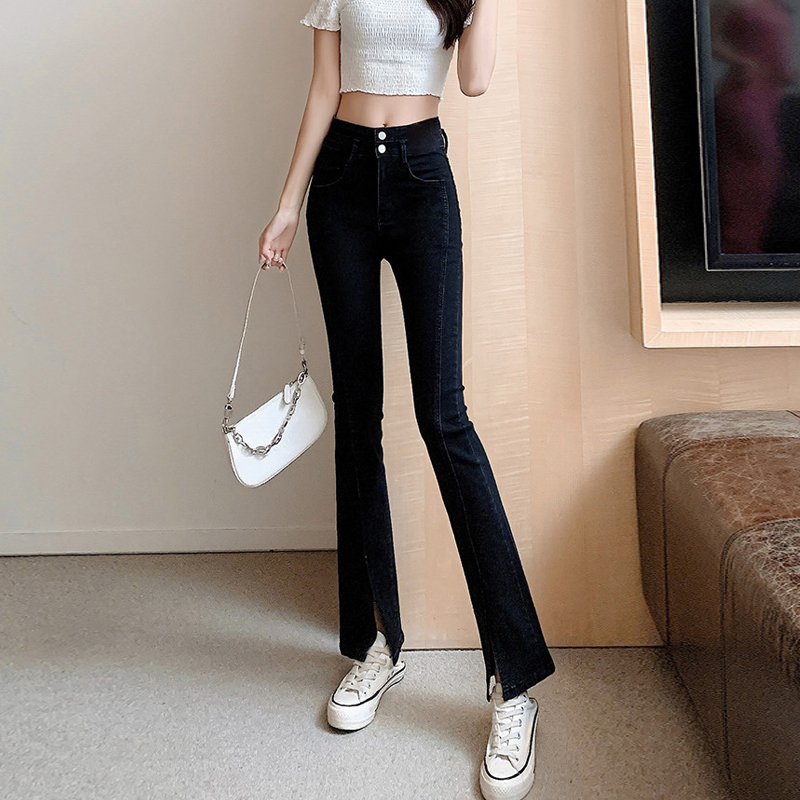 实拍开叉牛仔裤女夏季薄款2021新款高腰小个子微喇叭阔腿女裤子