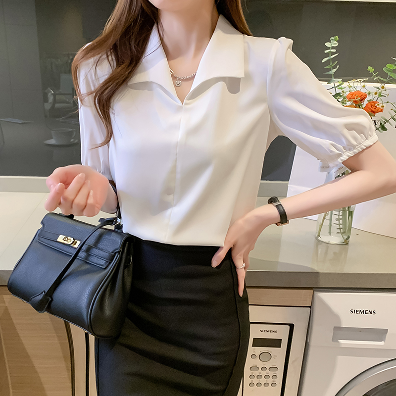 实拍现货2021夏装新款V领短袖上衣雪纺衫女复古短袖通勤法式衬衣