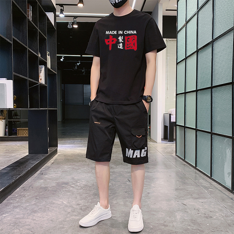短袖t恤男士休闲纯棉夏季新款潮牌宽松运动短裤半袖五分裤套装男