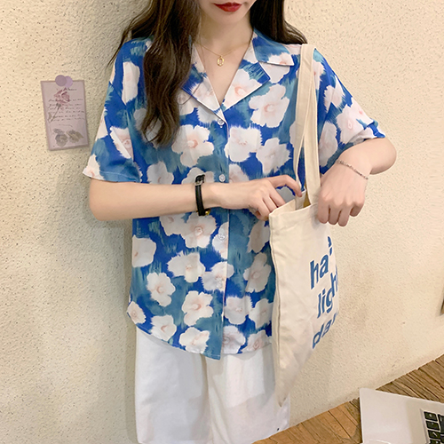 2021夏季新款港味复古设计感小众印花宽松百搭短袖上衣衬衫女