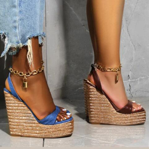 Gold woven wedge heel square sandal lock chain decoration size 34-42