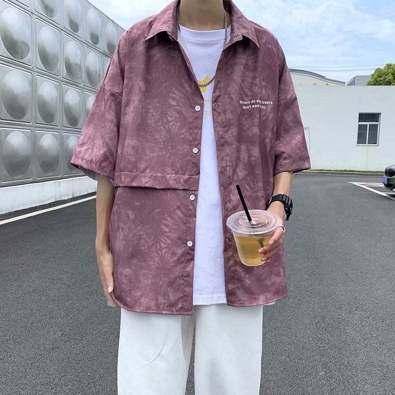 实拍扎染短袖衬衫男韩版ins港风日系外套夏季薄款五分半袖衬衣服
