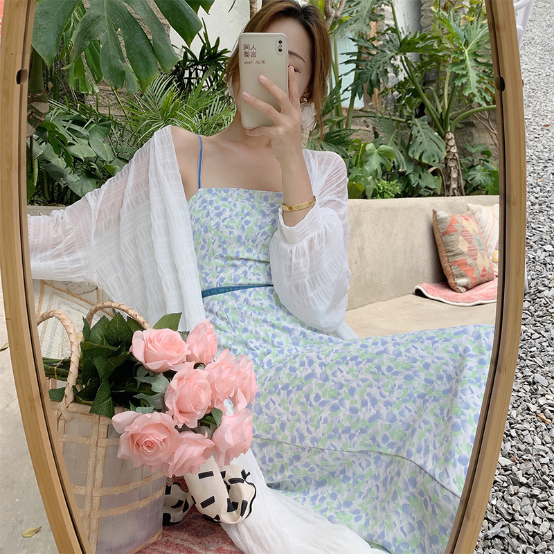 2021夏海边度假防晒服白色空调衫长袖9分袖透气针织衫薄款