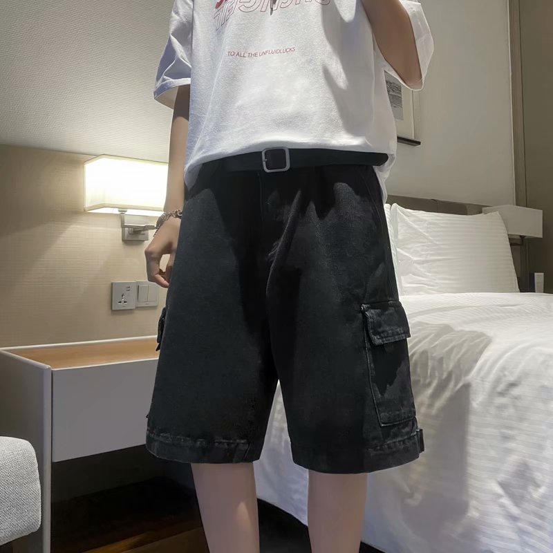 实拍工装牛仔短裤男夏潮ins直筒宽松五分裤欧美街头休闲阔腿中裤