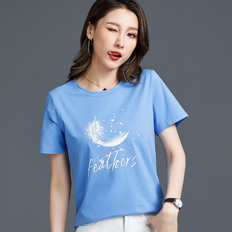常规短袖2021夏新款T恤女羽毛简约纯棉韩版百搭宽松多色直播爆款