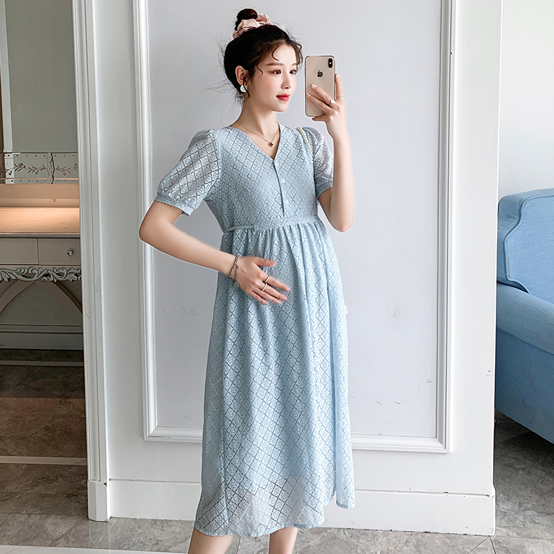 实拍 新款孕妇夏蕾丝宽松显瘦孕期开扣可哺乳连衣裙