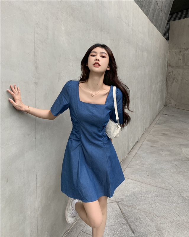 实拍实价~小个子气质修身a字裙法式复古方领连衣裙短款牛仔裙