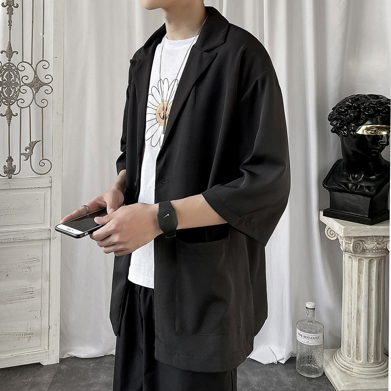 夏季高级感七分袖衬衫男大码宽松五分袖西服外套冰丝短袖西装上衣