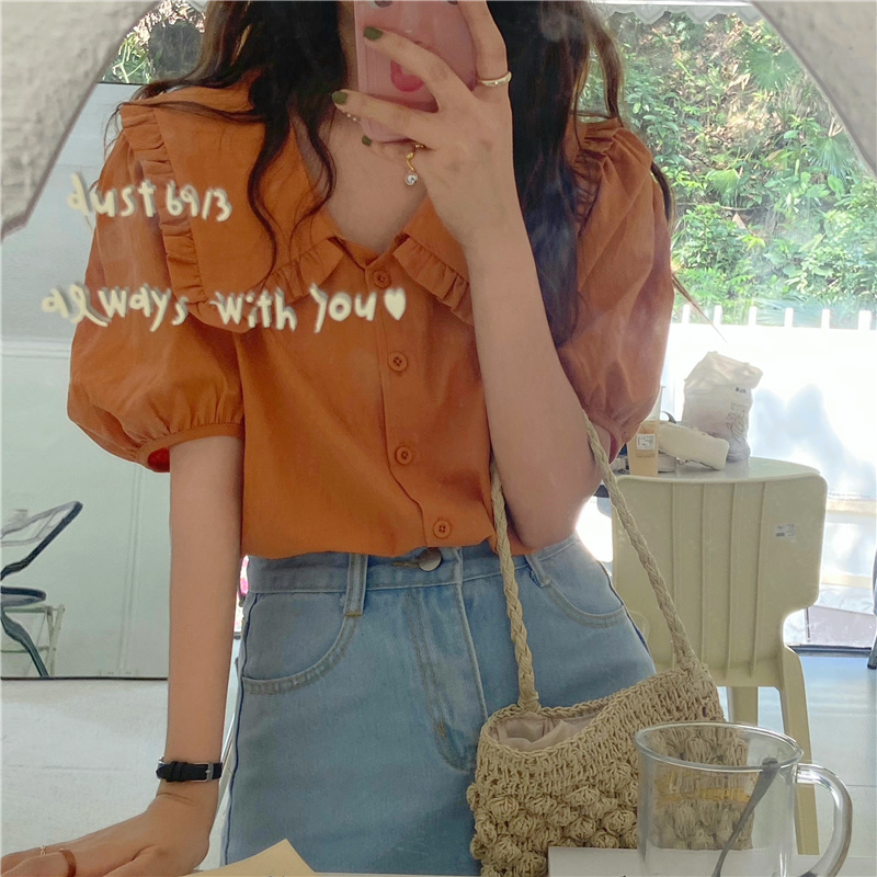 实拍实价  新款韩版气质娃娃领衬衫女泡泡短袖上衣