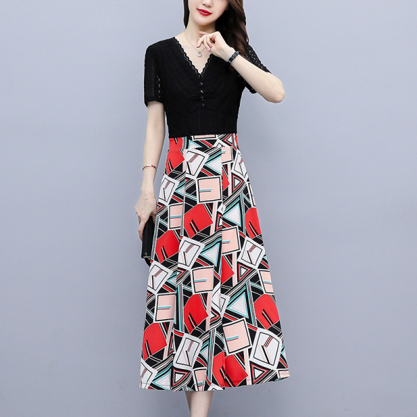 RM6946#夏季新款蕾丝拼接假两件短袖连衣裙减龄时尚开叉印花裙子女
