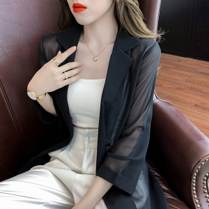 KM18545#夏季新品雪纺纯色防嗮服韩版气质小众双排扣舒适开衫