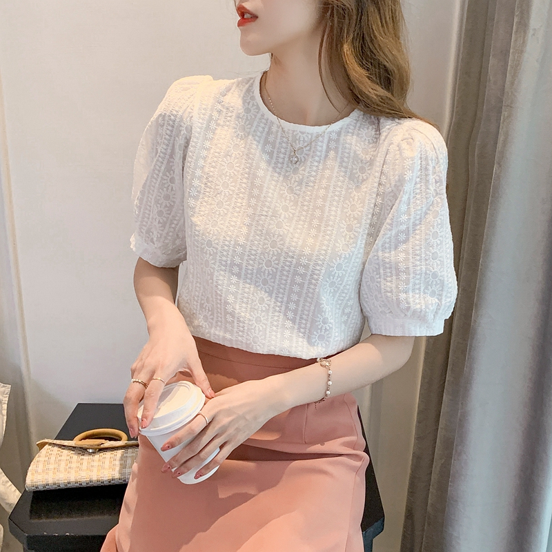 设计感小众雪纺短袖衬衫女夏2021新款复古法式小清新泡泡袖上衣