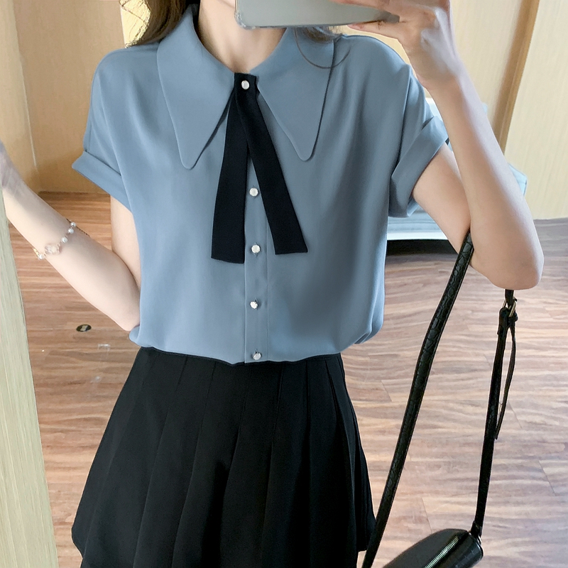 高端雪纺衬衫女夏短袖2024新款领带设计感通勤气质时尚上衣
