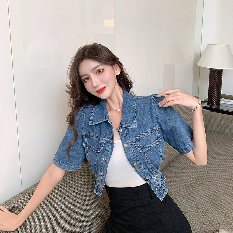 实拍现货~短款设计感牛仔衬衫女2021夏季新款休闲韩版短袖上衣