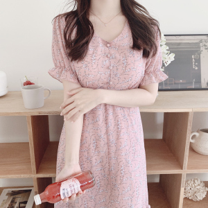 RY1536#韩版 V领碎花收腰显瘦中长款连衣裙