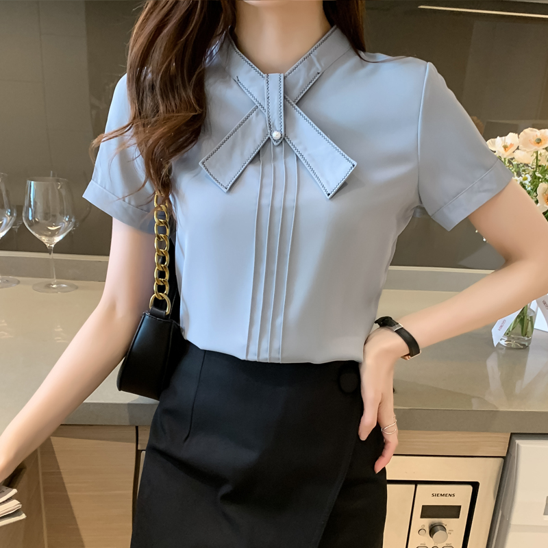 雪纺短袖衬衫女2021夏季新款韩版气质时尚设计感职业衬衣