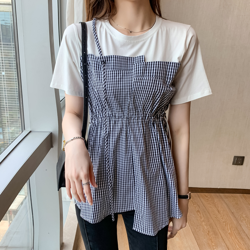 2021夏季拼接格纹短袖T恤女个性不规则小众圆领收腰雪纺衫上衣