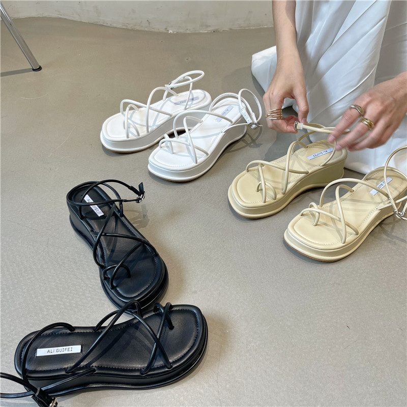 夏季新品 韩国厚底坡跟凉鞋 复古套趾百搭增高罗马鞋 跟高5cm