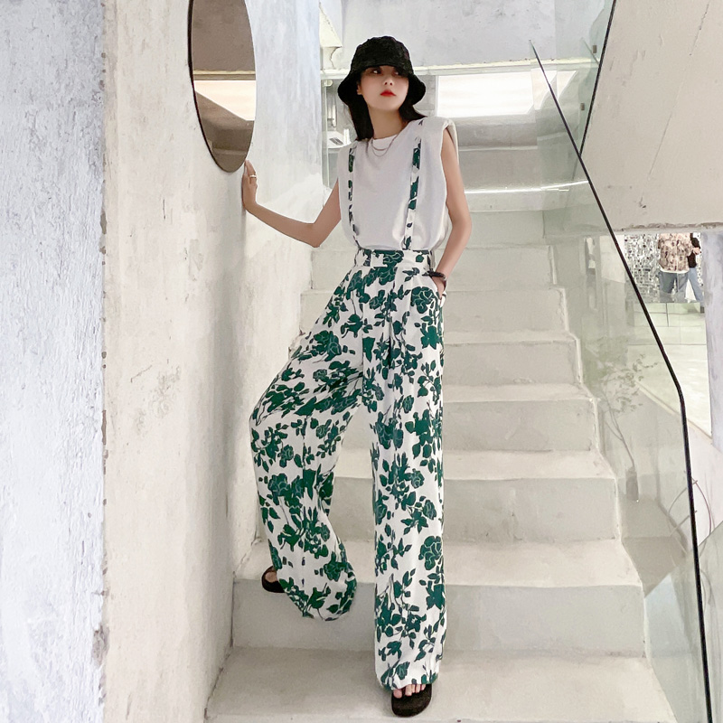 实拍冰丝阔腿裤女夏季薄款高腰垂坠感显瘦拖地印花裤宽松直筒裤子