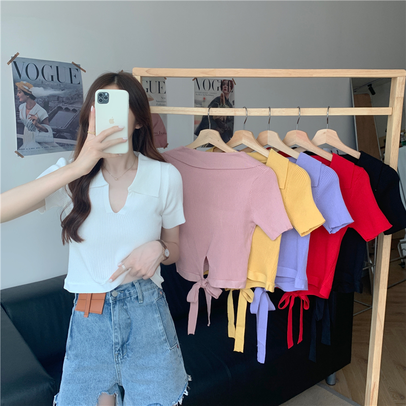 实拍实价~设计感polo领短袖针织衫女韩版宽松显瘦休闲上衣潮
