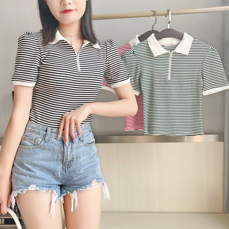 实拍实价~2021夏季新款条纹T恤女短袖修身显瘦拉链百搭体恤上衣女