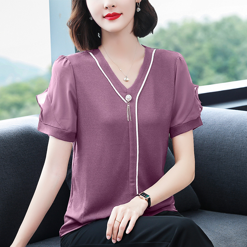 雪纺衫女夏装短袖2021新款洋气宽松小衫中年妈妈时尚气质减龄上衣