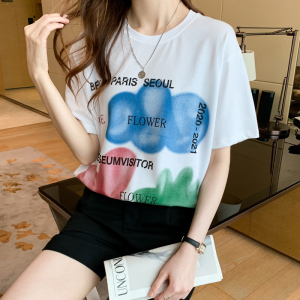 RM4546#设计感小众短袖t恤chi港风女夏宽松中长款百搭开衩纯棉半袖