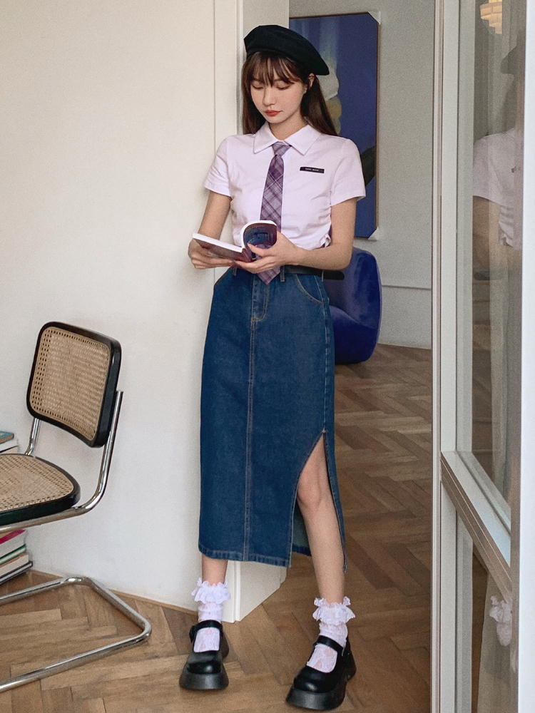 实拍2021年夏季新款百搭高腰中长款牛仔半身裙女a字开叉裙子潮ins