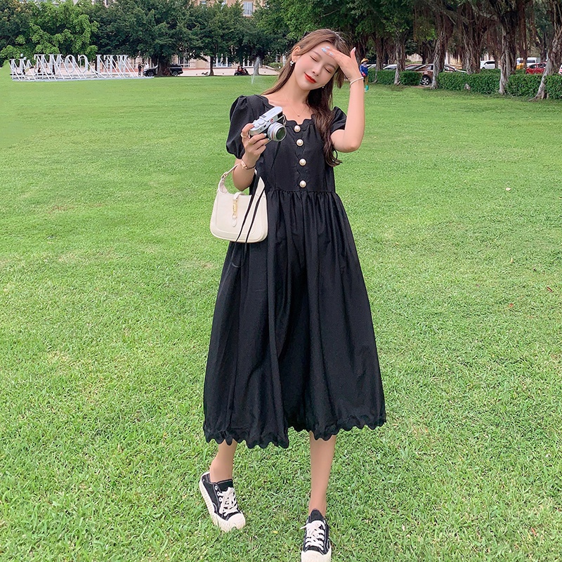 实拍~大码女装黑色连衣裙女温柔风长裙胖mm收腰显瘦气质短袖裙子