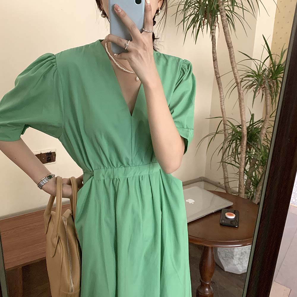 实拍 法式复古深V 简洁小众高腰线气质显瘦系带长款连衣裙