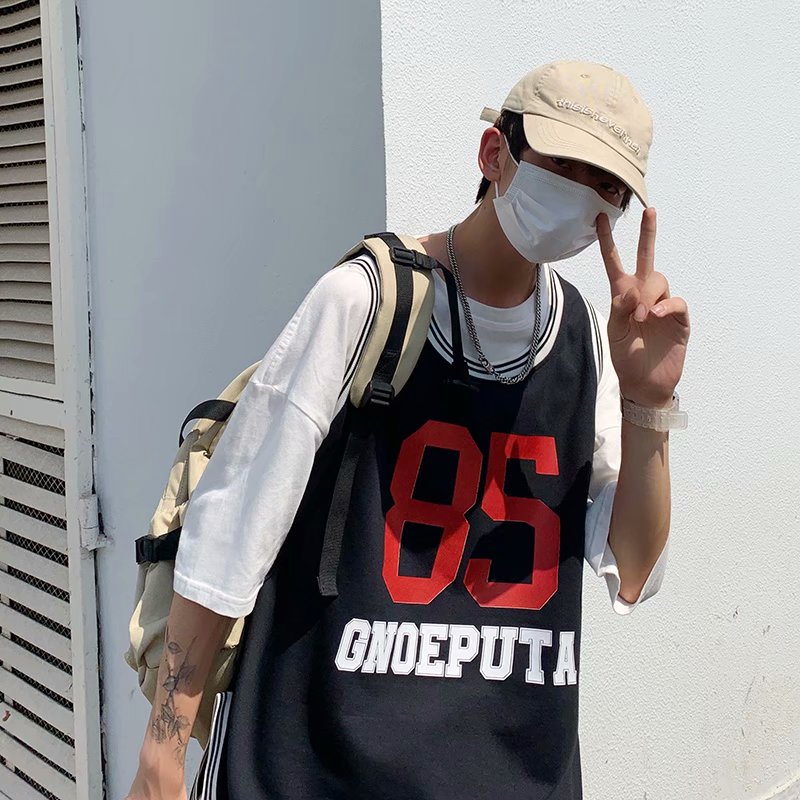 实拍篮球背心夏外穿潮港味球衣无袖t恤上衣韩版宽松bf风运动球服
