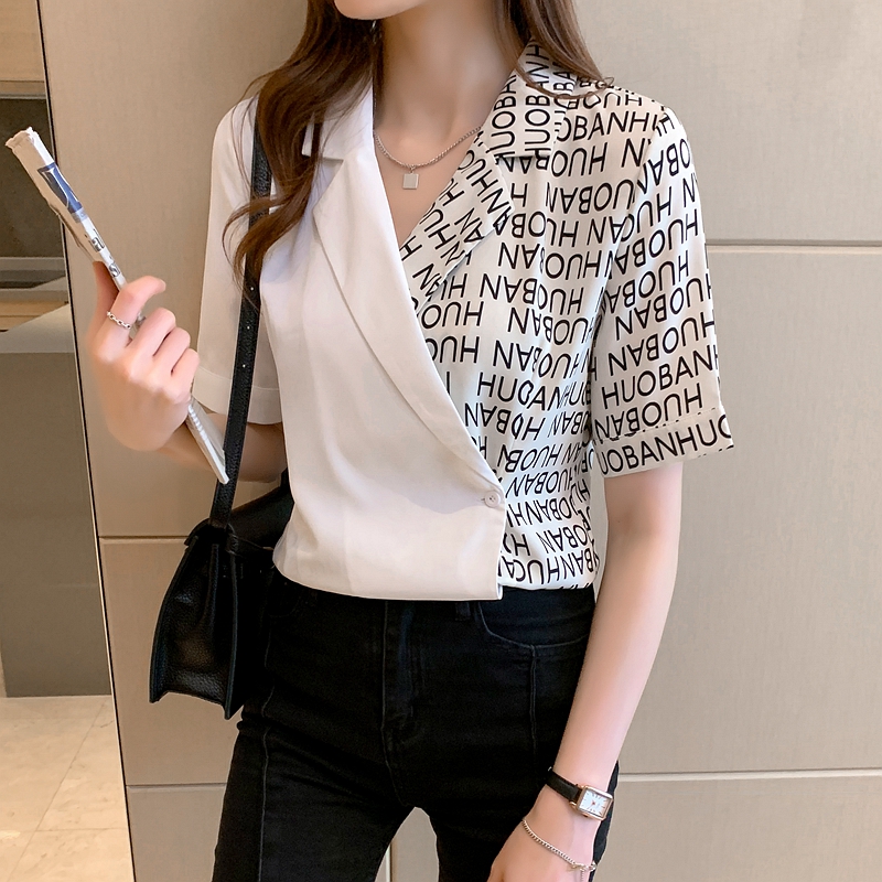 2021新款夏季拼接雪纺衬衫女士短袖洋气设计感衬衣西装领百搭上衣