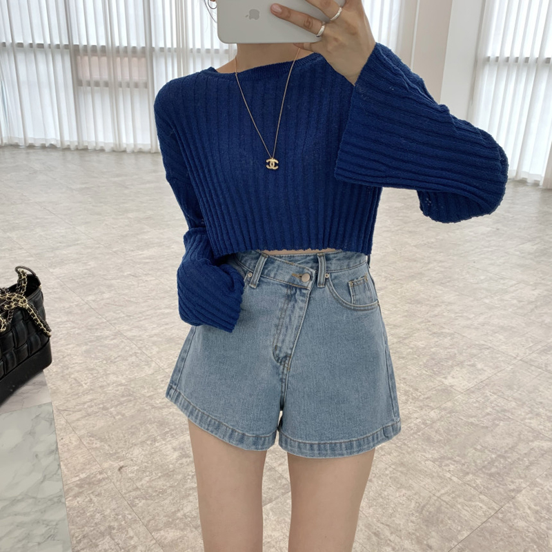 小众设计感不规则纽扣高腰牛仔短裤